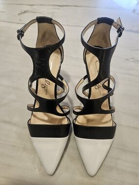 Charly Amar Black and White Leather D'Orsay Strappy Pumps Size 9.5